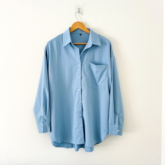 Collared Long Sleeve Button Up Shirt Blue S - Picture 1 of 7